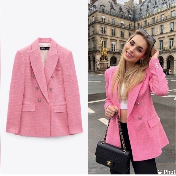 ZARA Pink Tweed Blazer L Textured Bouclé Rhinestone Button Jacket Blogger Viral - Picture 7 of 16